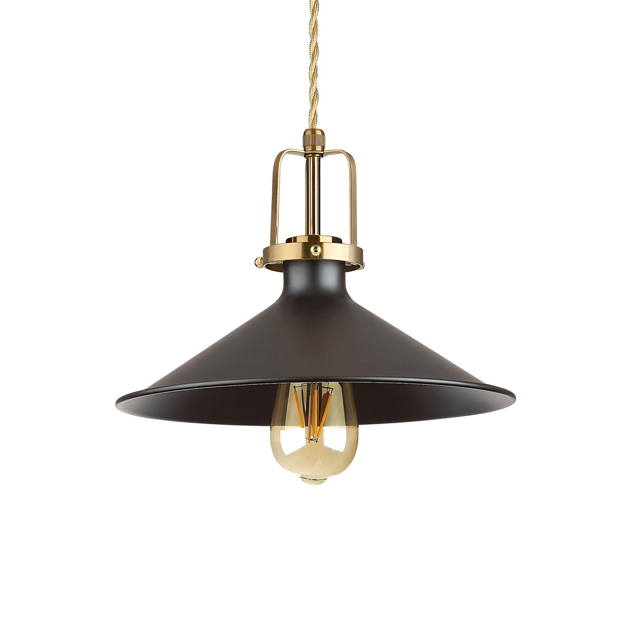 The Fluxion-2 Small 1 Light Pendant in black boasts a wide conical metal shade suspended from a twisted rope cord. This dimmable fixture includes an exposed vintage-style bulb, seamlessly blending classic elegance with modern design and featuring adjustable height for versatile placement.
