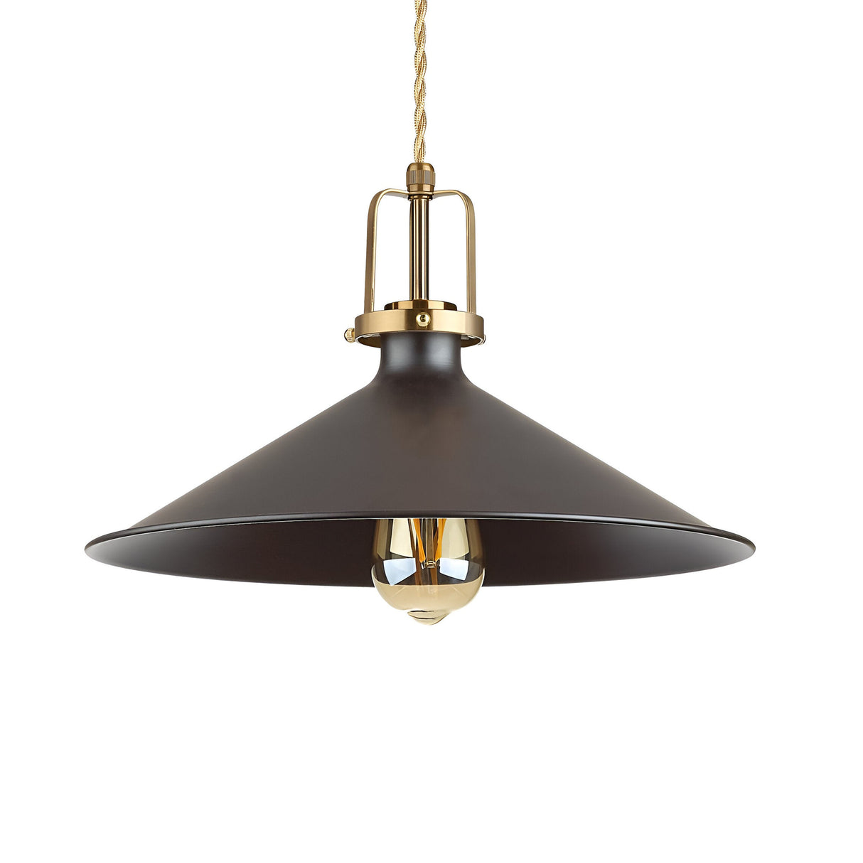 The Fluxion-2 Large 1 Light Pendant - Black is a sizable pendant light with a broad, conical black metal shade and an exposed bulb. Hanging from a twisted cord, it features brass accents that add an industrial flair, exemplifying sleek black finish lighting.