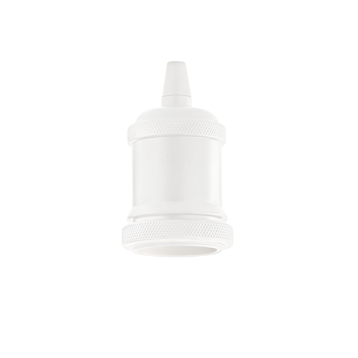 A Radiancea E27 Lamp Holder in white plastic is featured against a white background. Its ribbed cylindrical design tapers into a conical tip, resembling minimalist lighting fixtures.