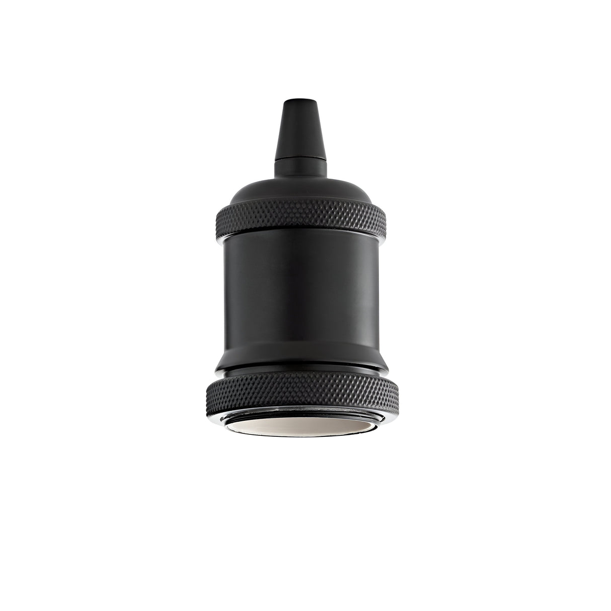 The Radiancea E27 Lamp Holder - Black, featuring a cylindrical shape with a ridged grip and a tapered top, evocative of a camera lens or optical device, is crafted from durable metal and displayed against a white background.