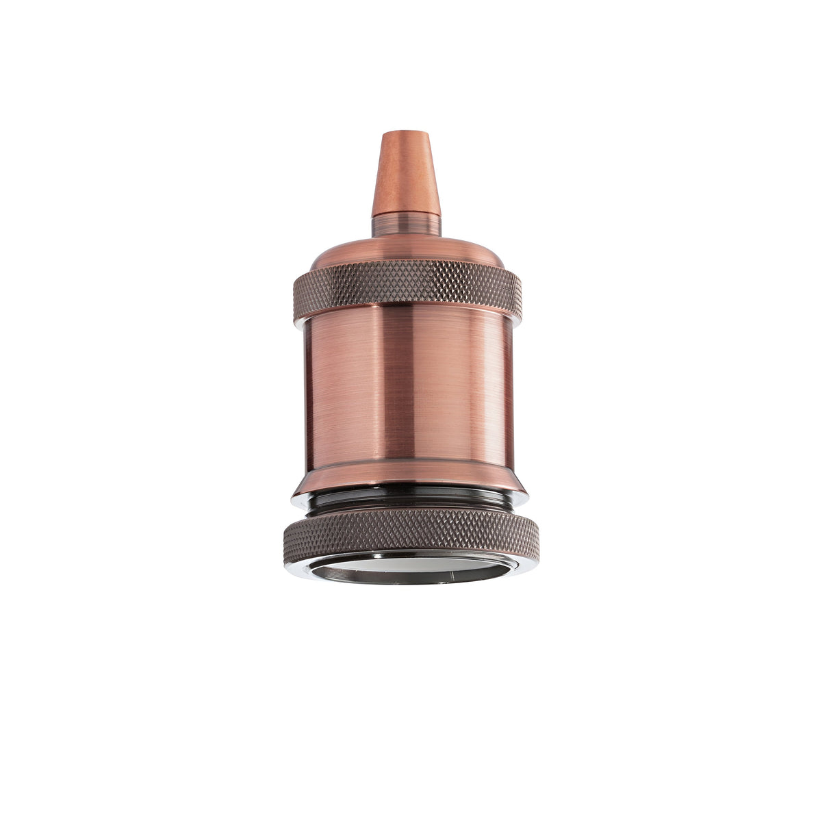 A Radiancea E27 Lamp Holder in a copper finish features a cylindrical design with a textured grip and pointed nozzle on top, resembling an industrial lighting fixture. This versatile tool stands isolated on a white background, highlighting its potential as an E27 socket-like accessory.