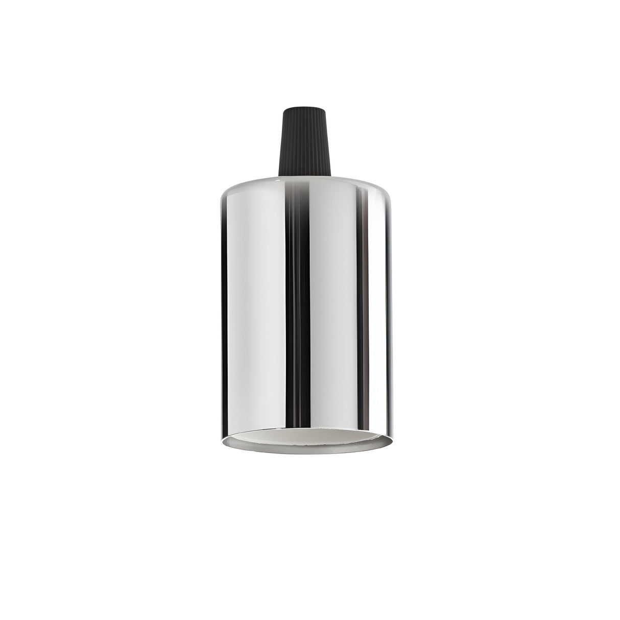 The Radiancea E27 Small Lamp Holder boasts a sleek, cylindrical design with a polished chrome finish that hangs elegantly from a black fixture. Its contemporary style embodies modern minimalism, making it an ideal choice for stylish contemporary interiors.