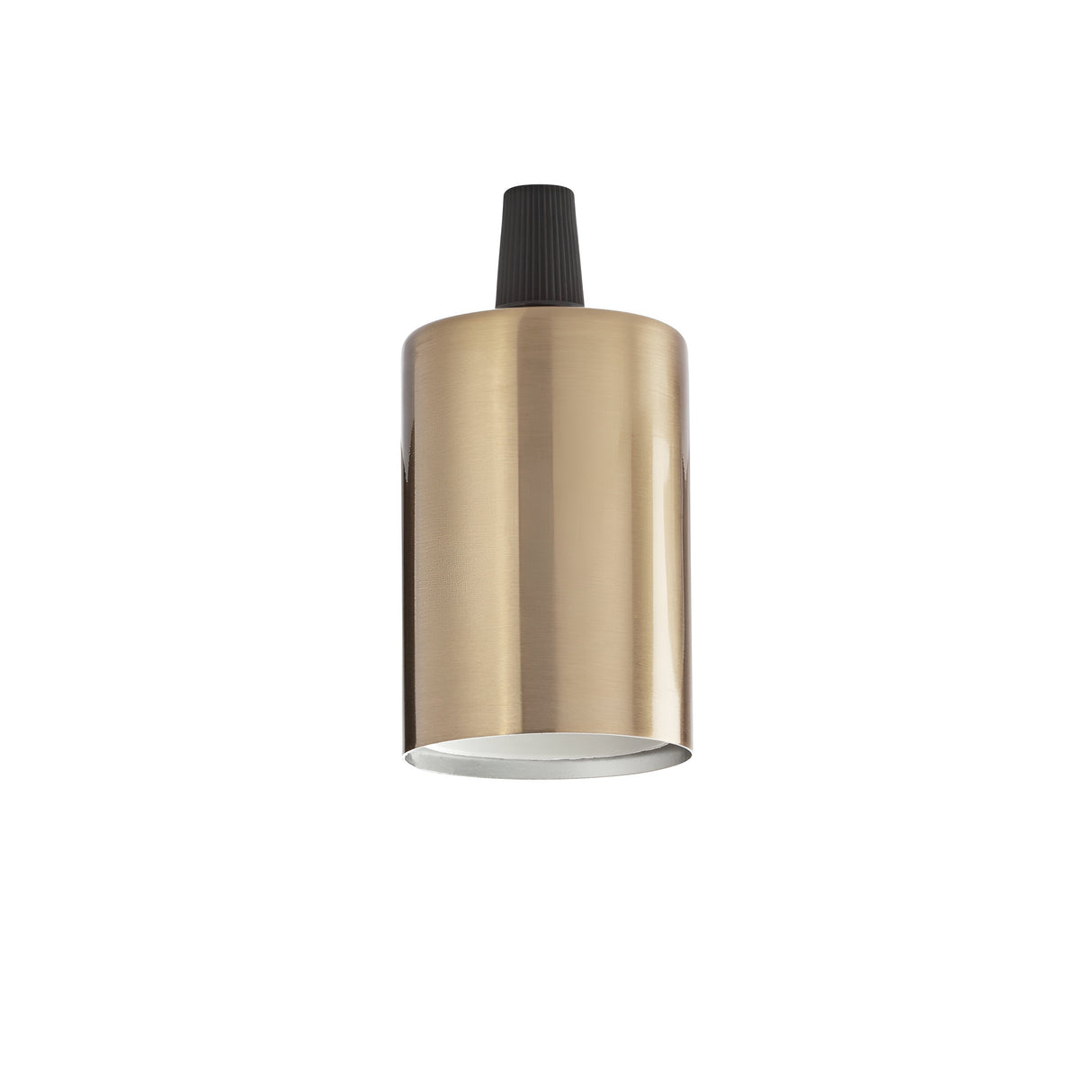 Introducing the Radiancea E27 Small Lamp Holder in Brass, a contemporary cylindrical fixture with a sleek black cord attachment. Its glossy metal finish enhances its modern appeal and supports bulb type E27. This dimmable design seamlessly complements various interior styles.