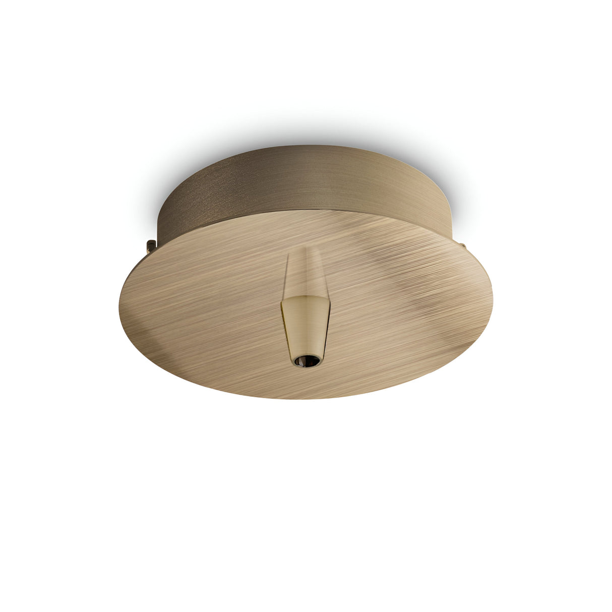 The Glacia 1 Light Standard Canopy - Brass is a circular ceiling fixture featuring a central cone-shaped design. With its matte finish, this elegant piece is mounted on a flat, round brass canopy, making it ideal for sophisticated lighting installations.