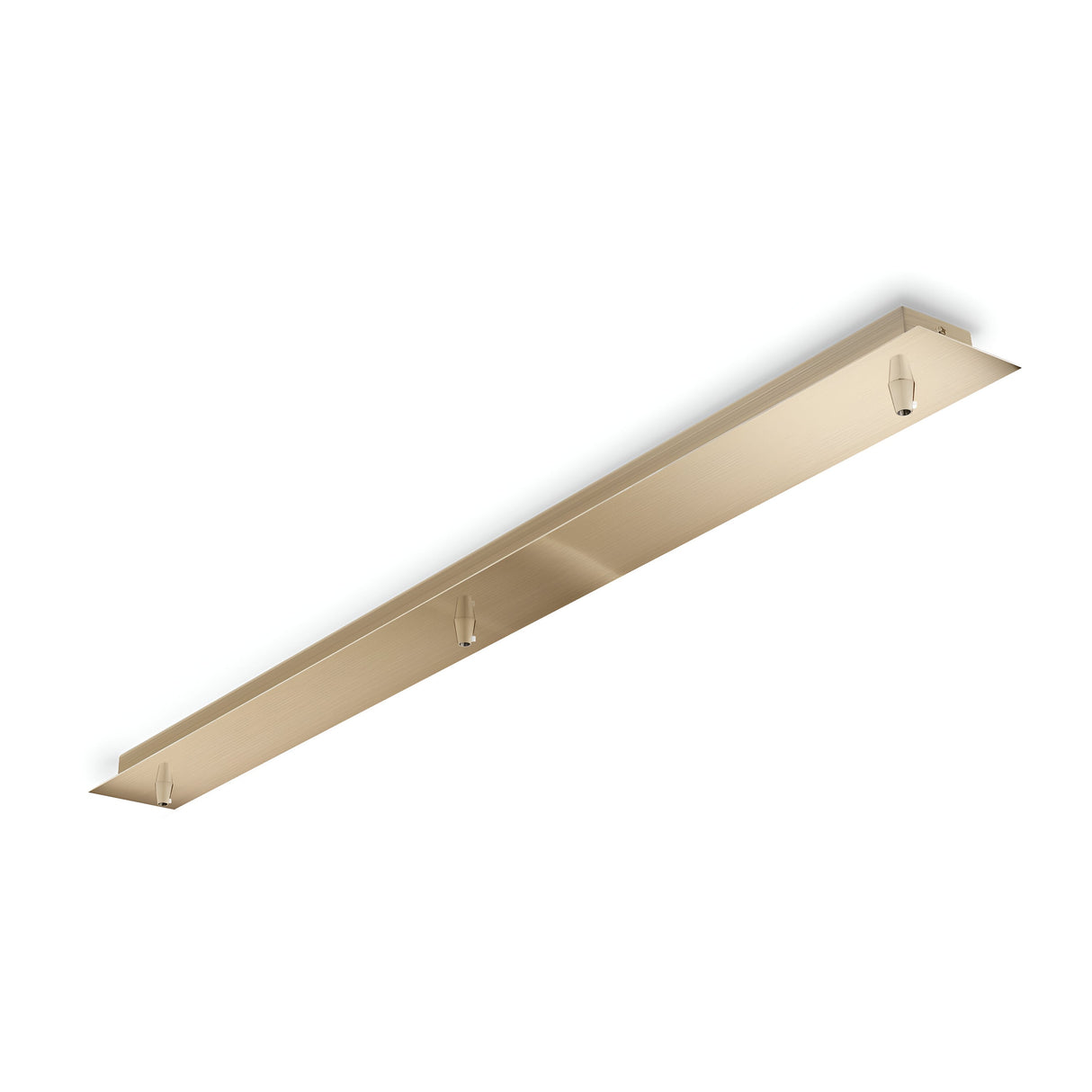 Introducing the Glacia Base Canopy 3 Light Rectangle - Brass: a sleek, metallic gold ceiling light fixture with a brass canopy. It features three evenly spaced light sockets for elongated bulbs, perfect for creating elegant interior lighting.