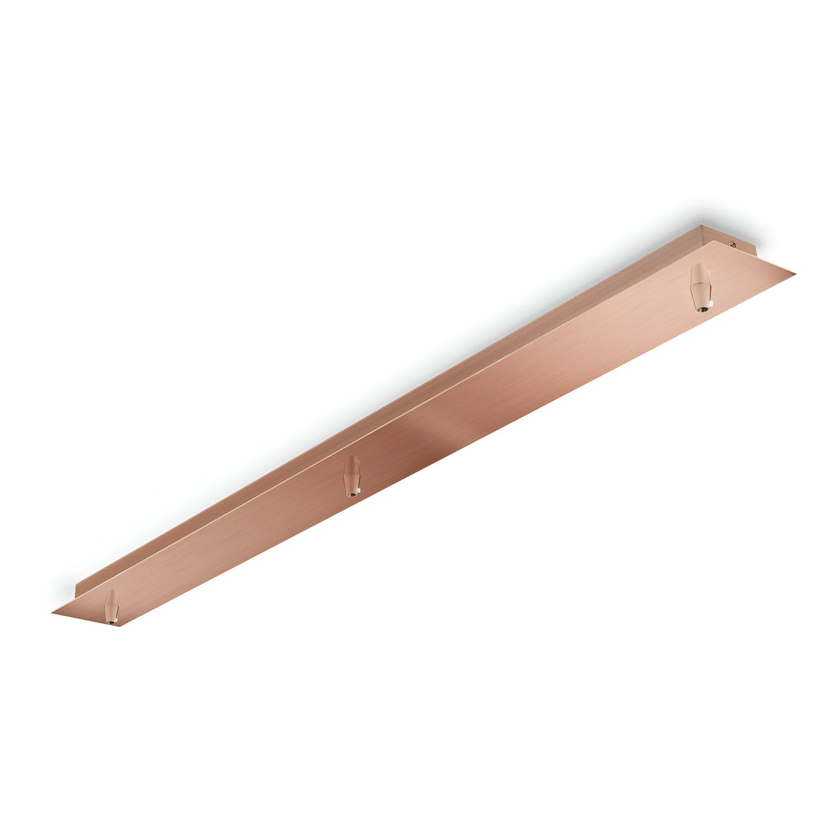 The Glacia Base Canopy 3 Light Rectangle - Copper is a long, rectangular copper mounting bracket featuring a sleek copper finish and three attachment points, crafted for overhead installation of contemporary lighting, displayed against a white background.