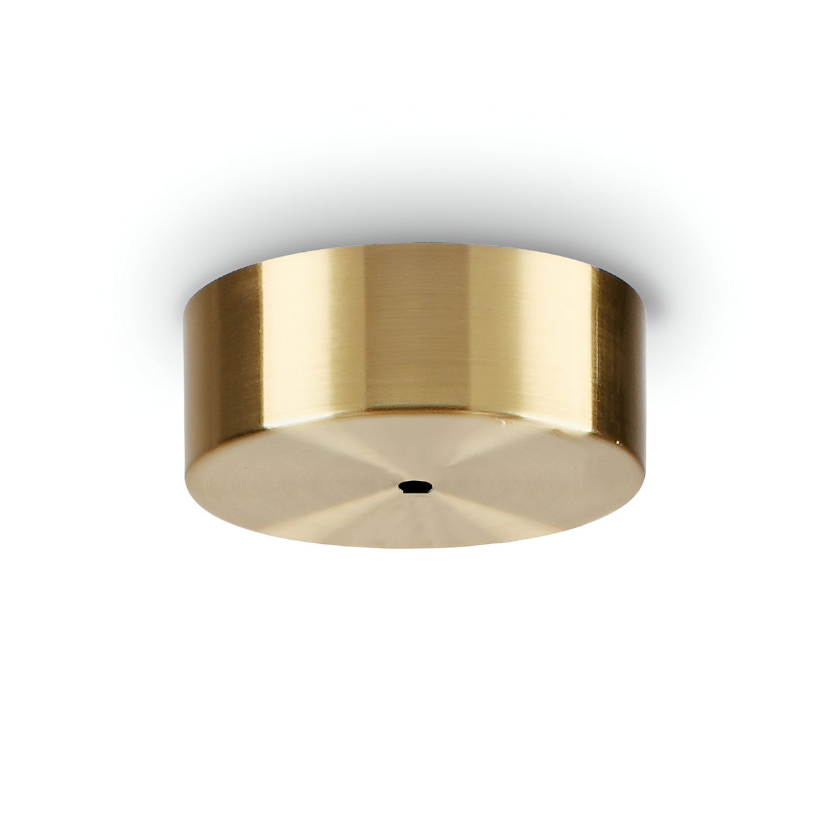 The Glacia-1 1 Light Magnetic Ceiling Rose in brass features a round, gold-colored, dome-shaped design with a brushed finish. It resembles a pendant light against a white background, highlighting its black dot in the center of the underside.