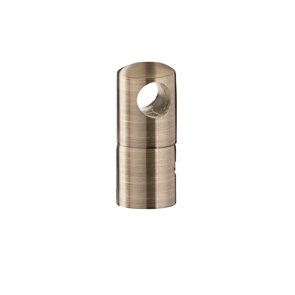 The Sparion Large Cable Holder - Brass is a cylindrical, metallic, dual-section connector with a hole running through the top half. It boasts a durable brass construction and features a brushed finish, giving it both a sturdy and industrial appearance—an elegant solution for cable management.