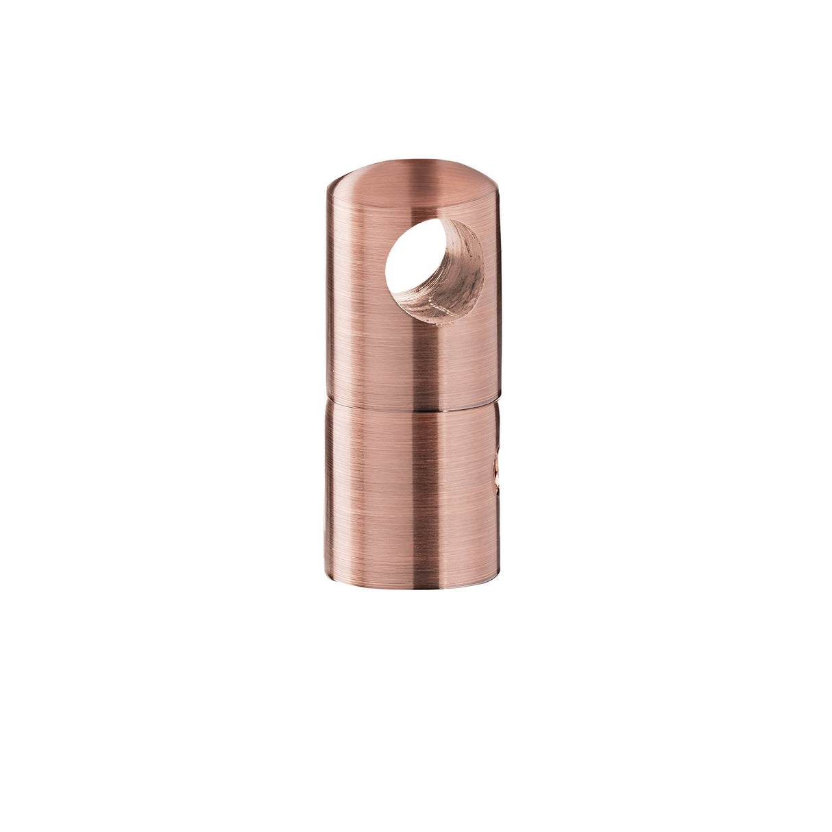Introducing the Sparion Large Cable Holder in Copper: a metal connector with a cylindrical design and a circular hole near the top, ideal for organizing cables. Its brushed surface gives it a matte finish that complements its robust metal build, all showcased against a white background.