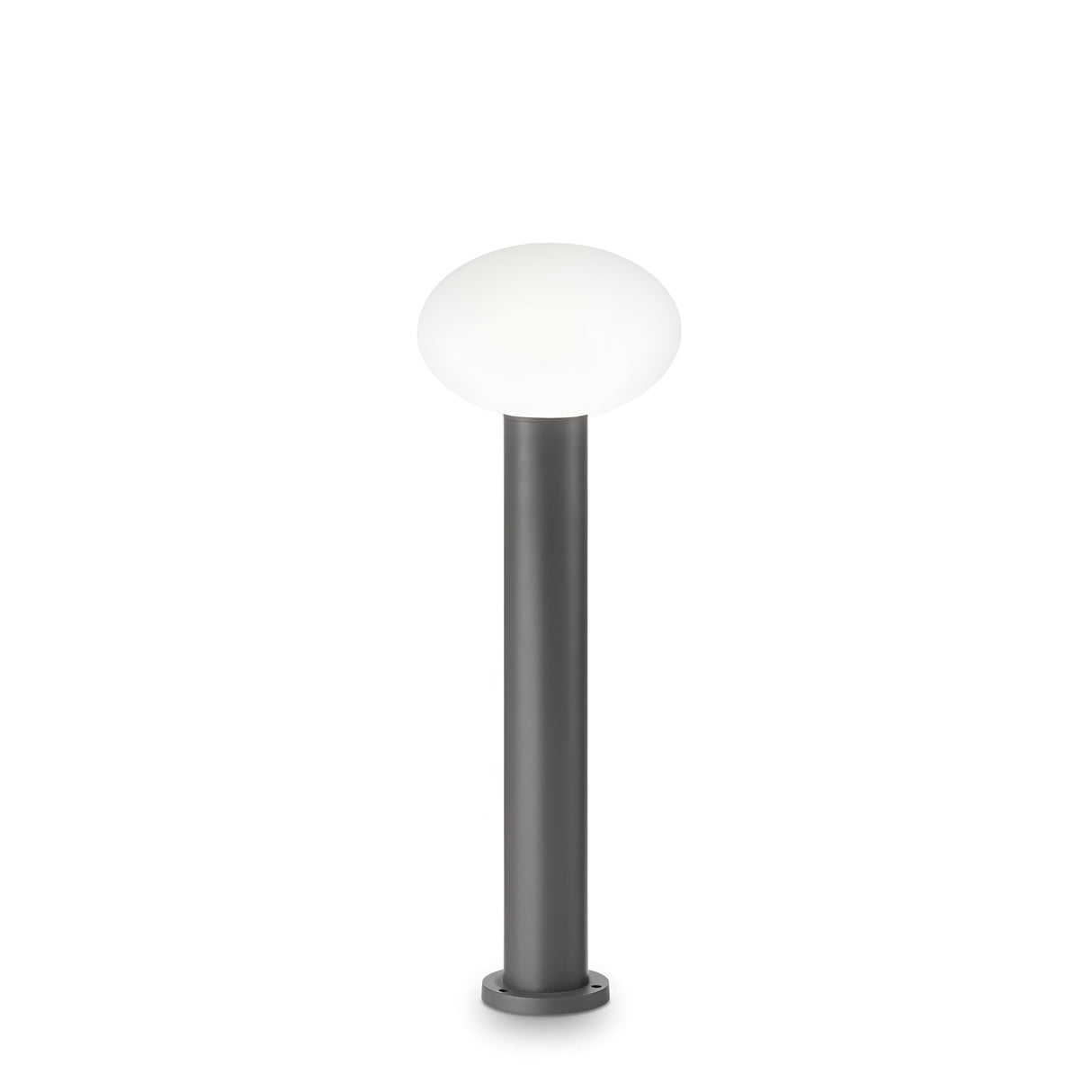 Introducing the Photonix Small Outdoor Pedestal Light - Anthracite, a contemporary outdoor garden lamp featuring a modern design with a white spherical top and sleek, dark cylindrical base in an elegant anthracite finish. This charming pedestal light elegantly stands against a plain white background, highlighting its stylish appeal.