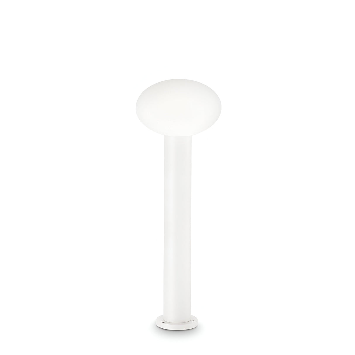 The Photonix Small Outdoor Pedestal Light - White features a modern design with a tall, slender cylindrical base and a round bulbous top, reminiscent of contemporary outdoor lighting, all set against a plain white background.