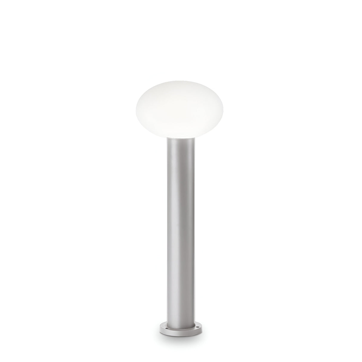 The Photonix Small Outdoor Pedestal Light - Grey features a tall, modern design with a cylindrical metallic base and a round frosted glass shade on top, set against a white background.