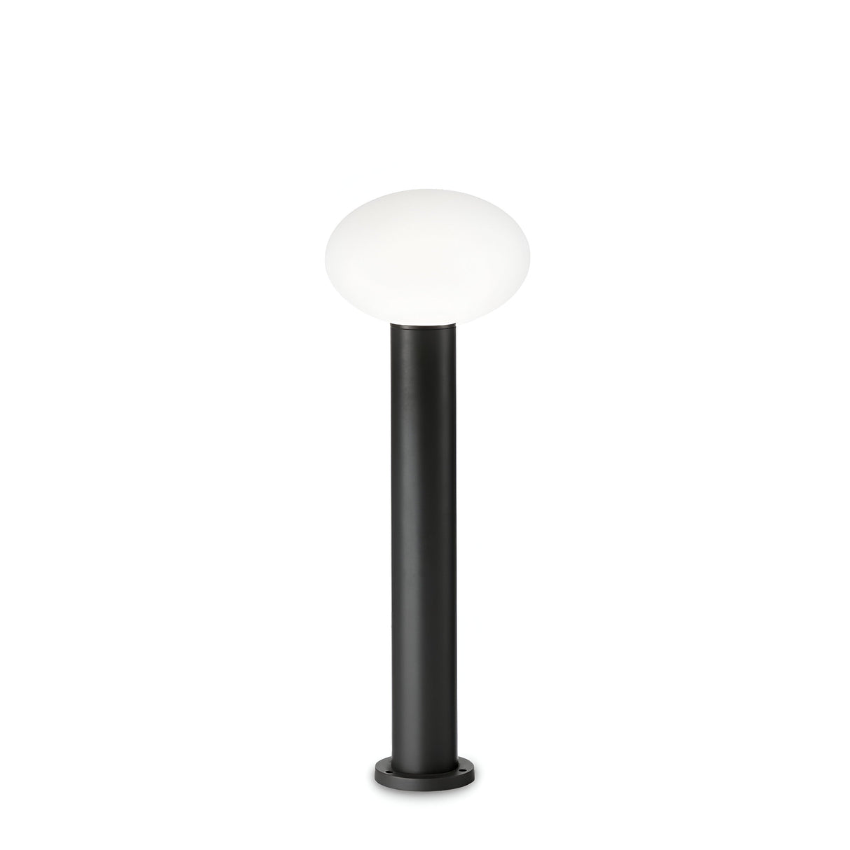 Introducing the Photonix Small Outdoor Pedestal Light - Black, a contemporary lighting solution designed to enhance gardens or pathways. It features a robust aluminum frame with a sleek black cylindrical base and is topped with a frosted white spherical light, embodying modern aesthetics perfectly.