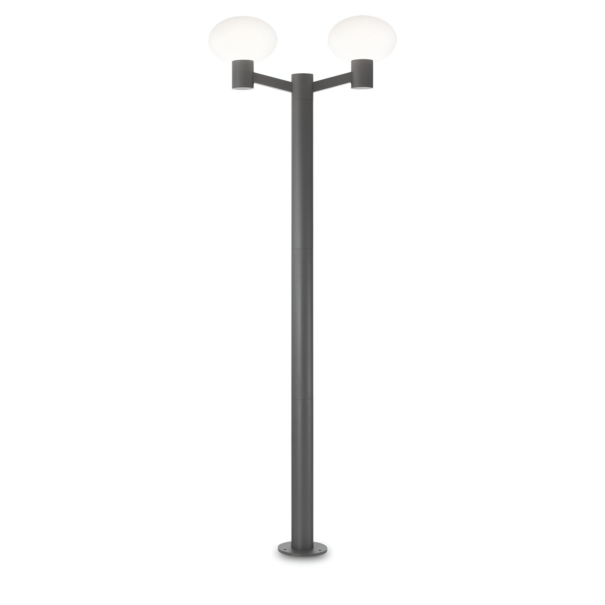 Introducing the Photonix Twin Head Lamp Post in Anthracite, featuring a sleek black pole and two round white globes at the top, making it perfect for outdoor lighting and garden illumination.