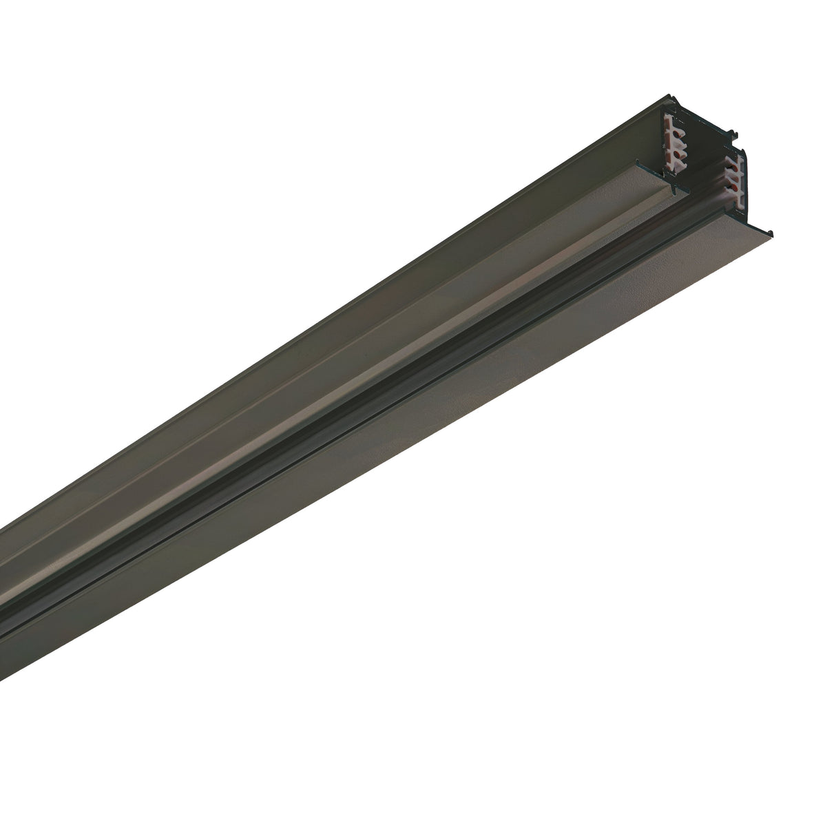 The Brillia Dimmable 3-Phase Trim Profile Recessed Track 2m in black is a long, rectangular metal tracklight rail, featuring grooved details and openings for mounting or wiring. Isolated on a white background, it is ideal for dimmable track lighting installations.