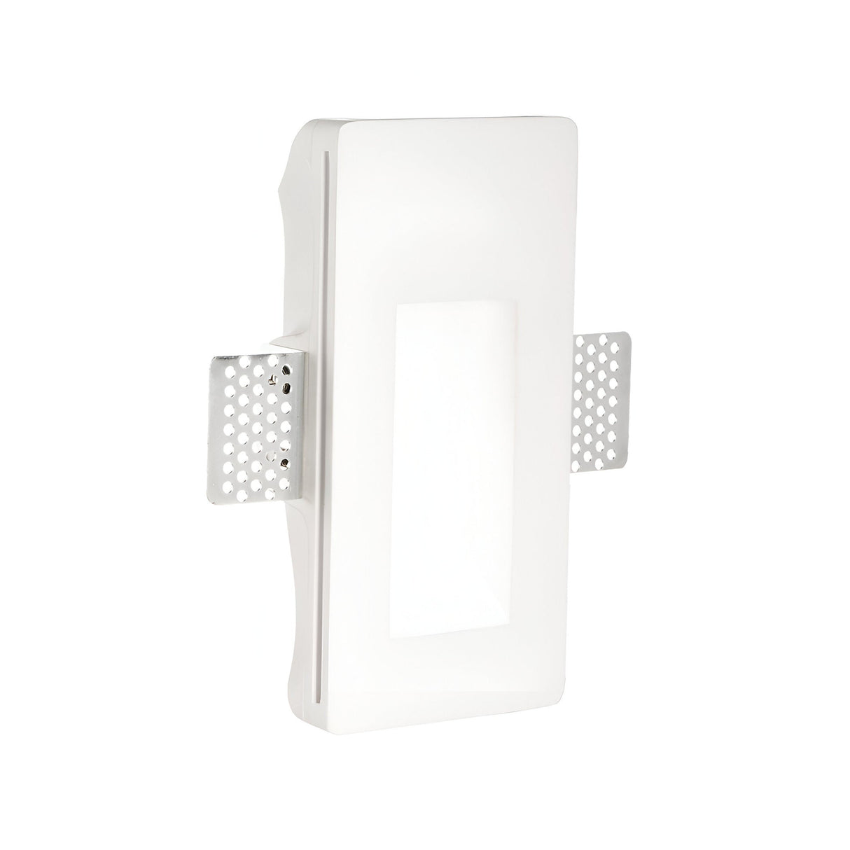 The Pulsewave-2 LED Recessed Plaster Wall Light 1W 3000K in white features a rectangular gypsum design with a central frosted panel and perforated metal side brackets, creating elegant flush-mounted ambient lighting.