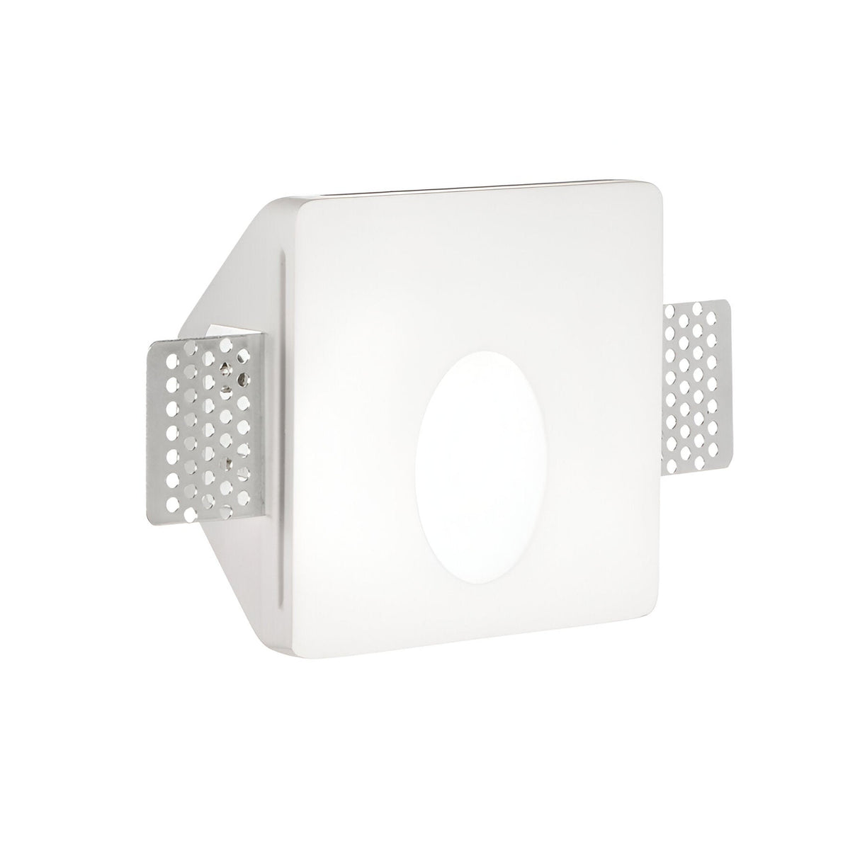 The Pulsewave-3 LED Recessed Plaster Wall Light 1W 3000K in white features a modern rectangular design with a central circular opening and side perforated wings, ideal for stylish ambient lighting in any space.