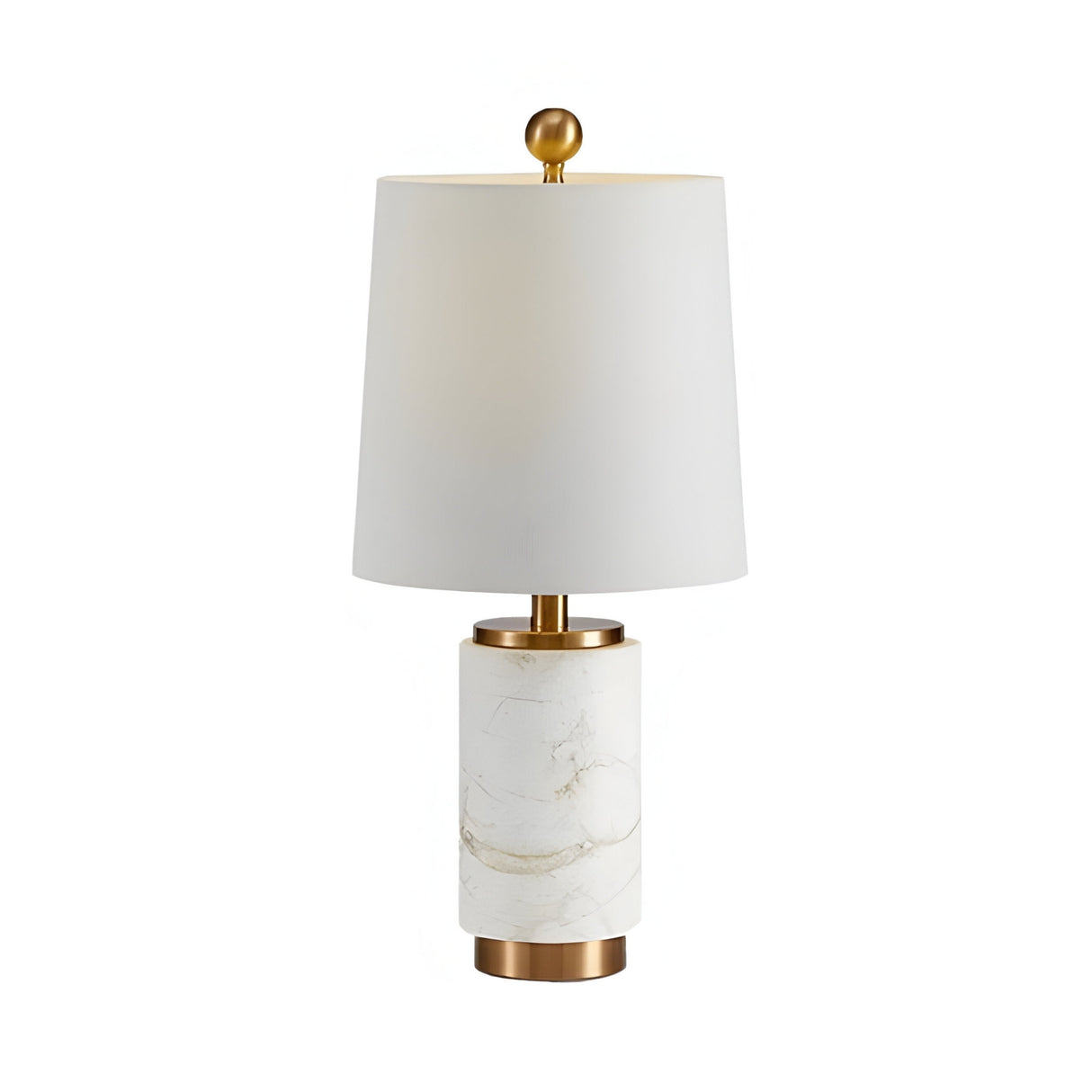 The Valmera 1 Light Cylinder Marble Table Lamp features a white cylindrical marble base, brass accents, and a white tapered lampshade topped with a gold finial.