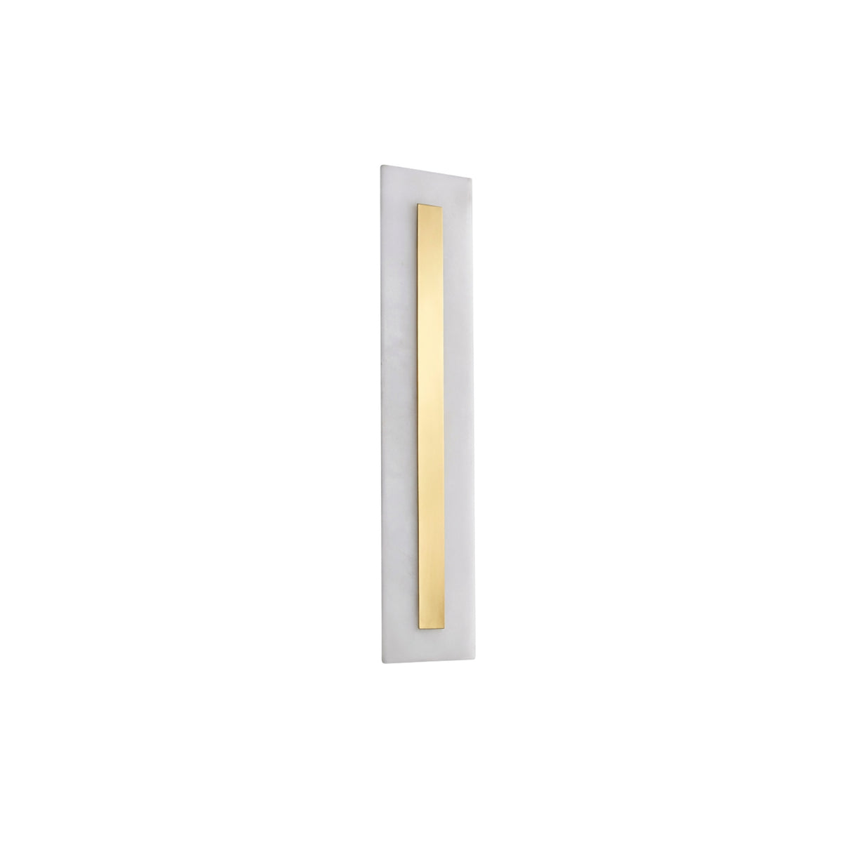 The Averra LED Small Rectangle Alabaster Wall Light features a sleek soft white base with a narrow brass vertical strip, creating a modern look against a plain white background.