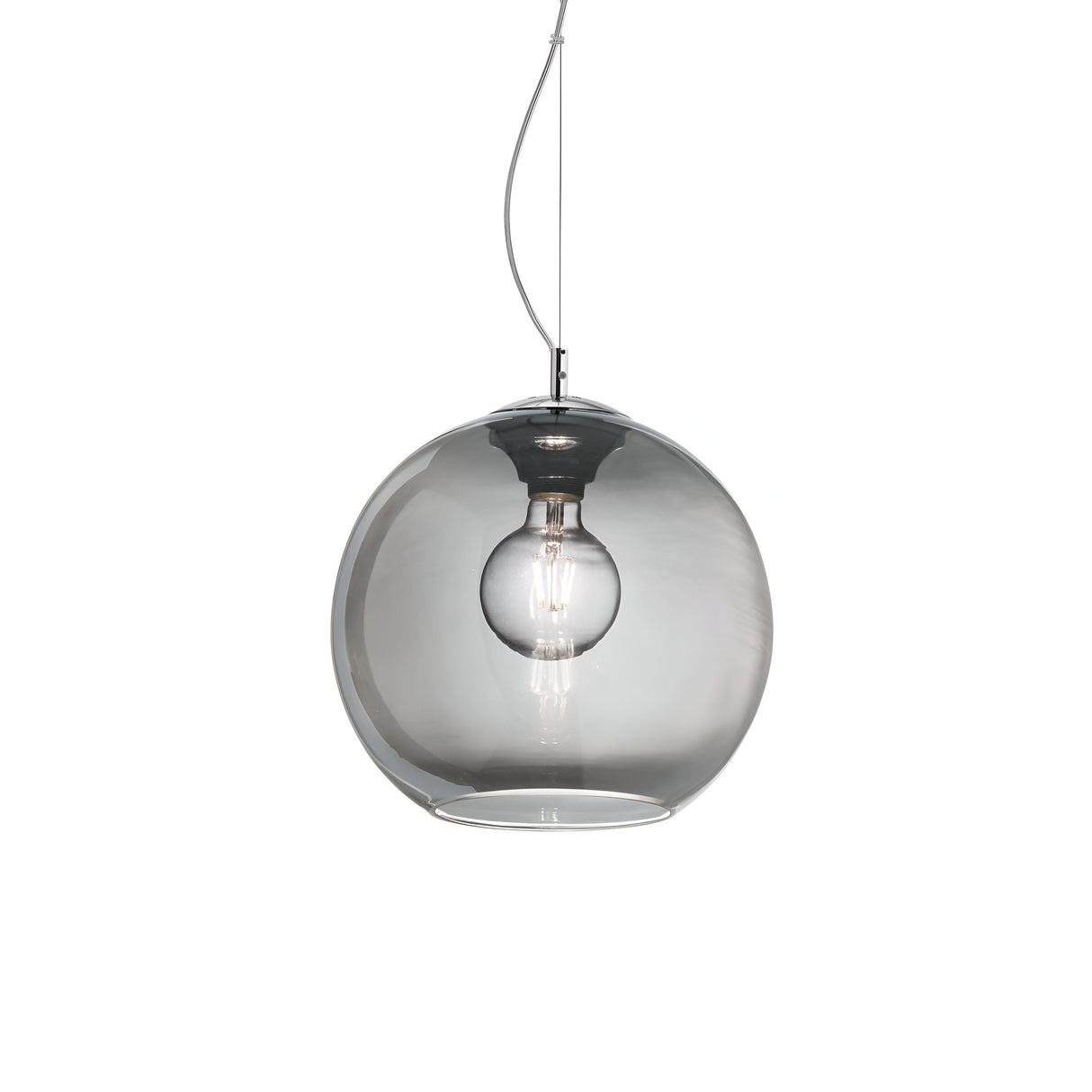 The Emberlyte 1 Light Glass Pendant in Silver features a sleek, clear globe shade with a visible lightbulb suspended from a slender wire. This dimmable pendant beautifully captures modern sophistication, highlighting simplicity and elegance.