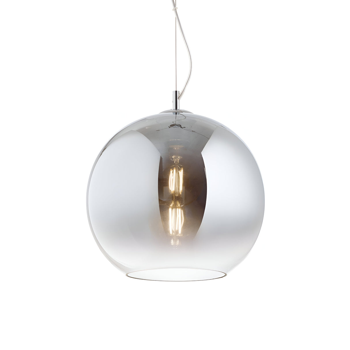 The Emberlyte 1 Light Glass Pendant - Silver, 40cm is a contemporary lighting fixture showcasing a spherical shape with a reflective chrome finish and an exposed bulb. Suspended by a thin wire against a white background, it exudes a sleek aesthetic and comes with a dimmable feature for customizable ambiance.