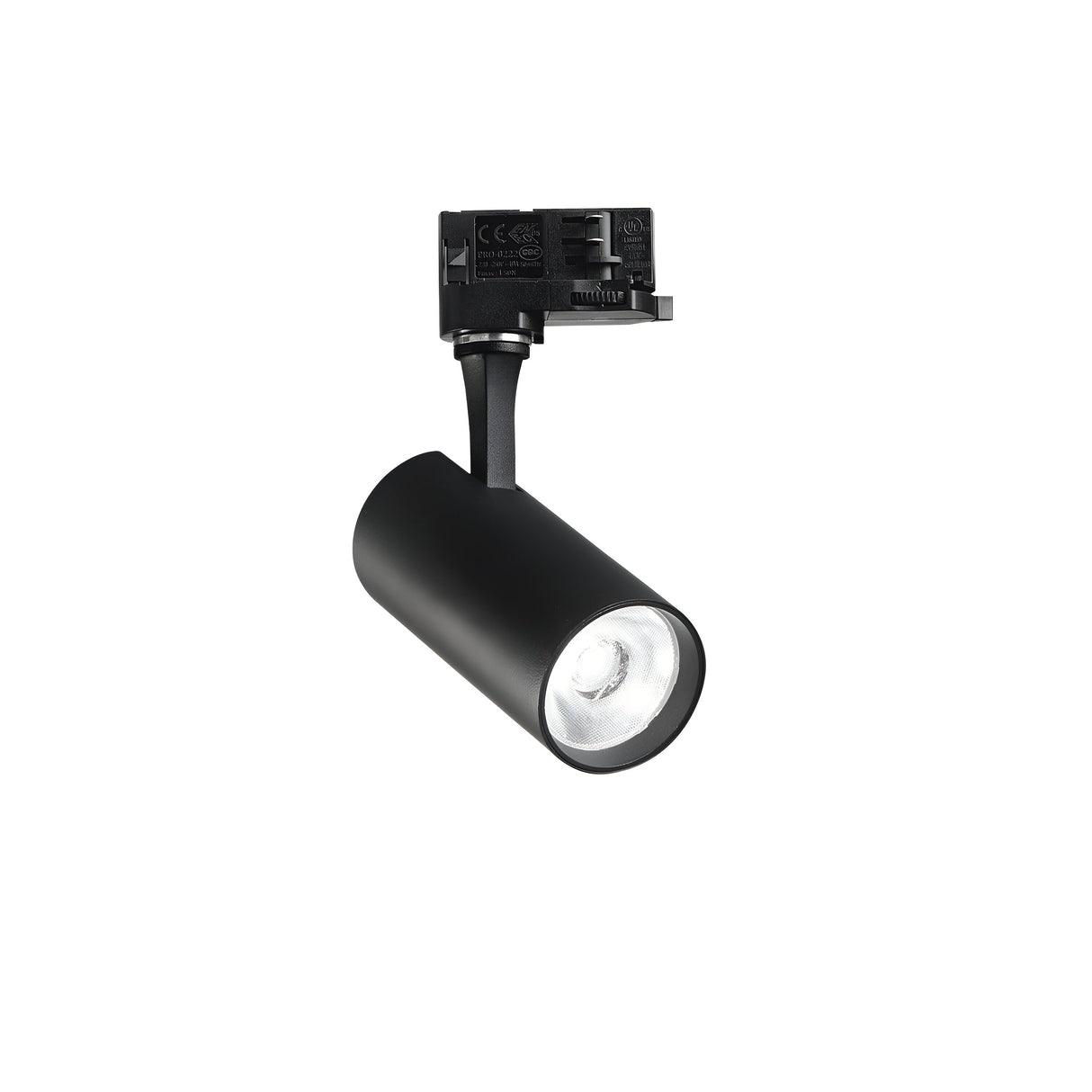 The Ignis LED Three Phase Track Spotlight in black has a cylindrical design with a CRI80 rating and 3000K color temperature. It includes an adjustable head for directing light, features a mounted adapter for easy installation on a three-phase track system, and the bulb is visible inside the cylinder.