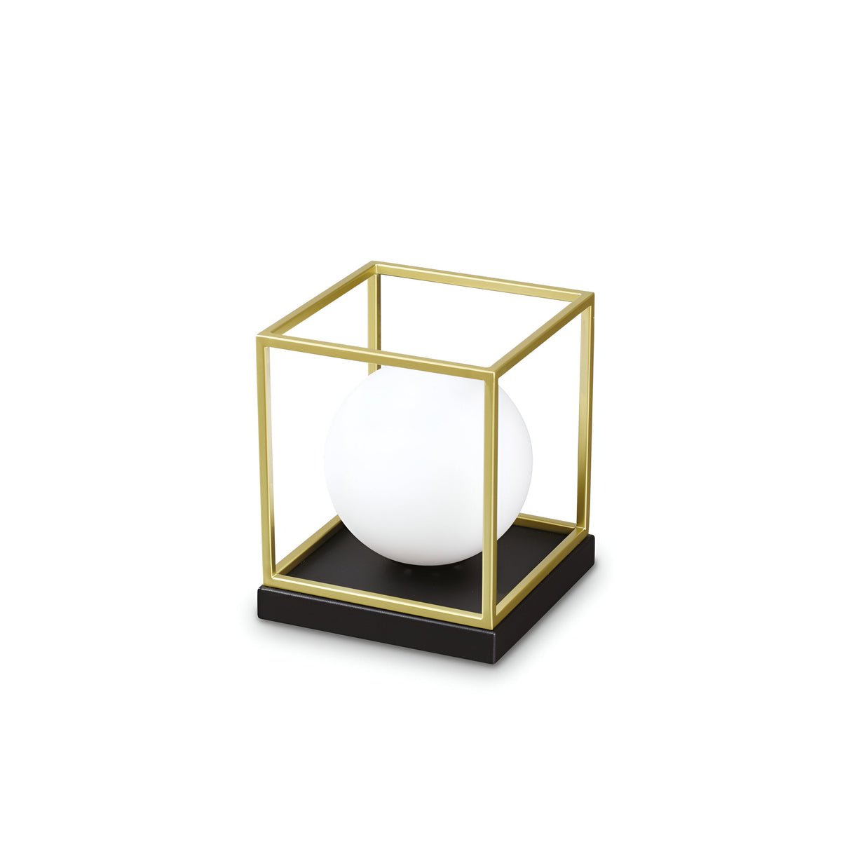 The Dawn Large Table Lamp - Brass showcases a modern aesthetic with its spherical white bulb enclosed within a brass-finished geometric frame, elegantly positioned on a sleek black square base. Its minimalist design brings sophistication to any setting.
