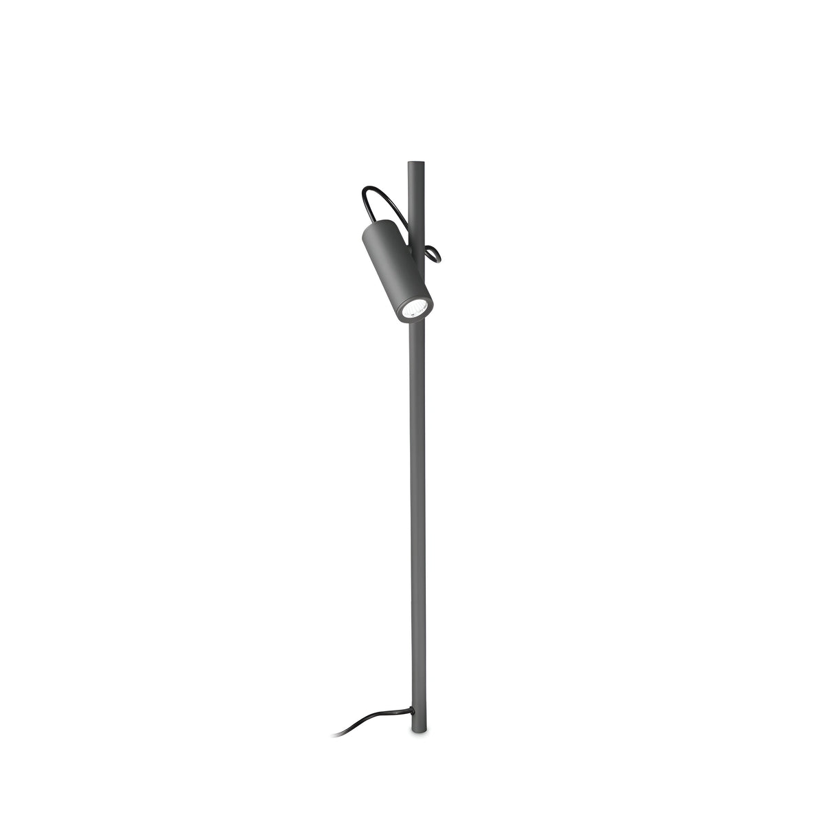 The Evoke Outdoor LED Floor Lamp in grey boasts a sleek cylindrical adjustable head on a tall, slim pole. This modern and elegant 110cm outdoor lighting solution is designed with energy-efficient LED technology and includes a discreet power cord at the base.
