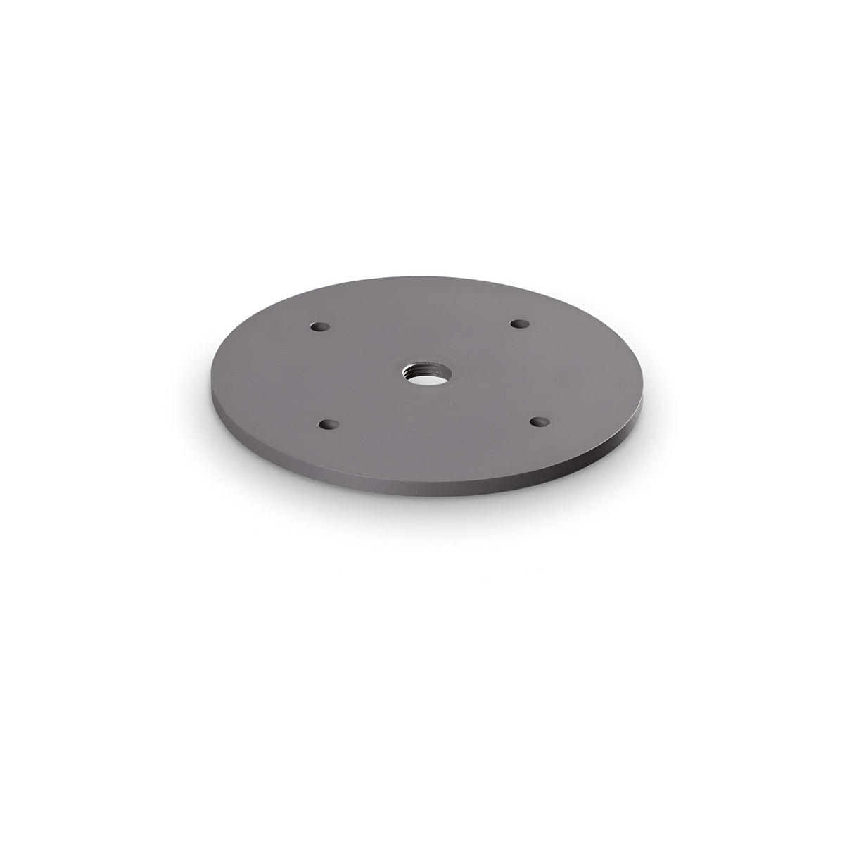 The Evoke Outdoor Floor Lamp Base in Grey is a round, flat metallic disc with a specified diameter, featuring a central hole and four smaller peripheral holes, displayed on a plain white background.