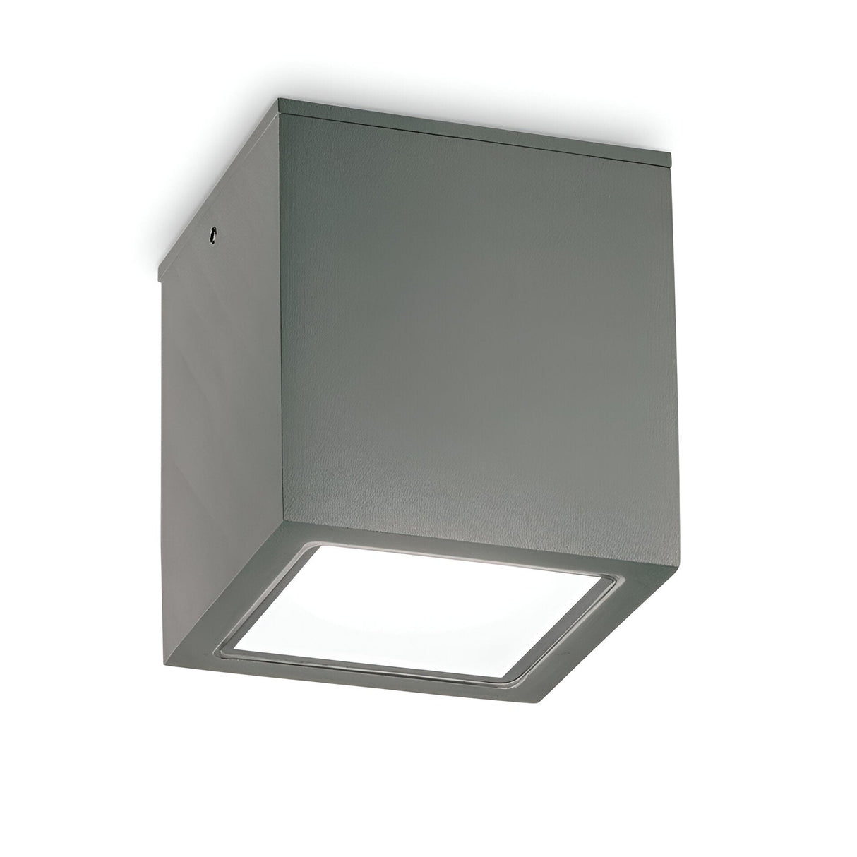 The Helixis Outdoor Small Downlight, featuring a sleek anthracite finish and a frosted glass panel, is mounted on the ceiling as a modern, square light fixture.