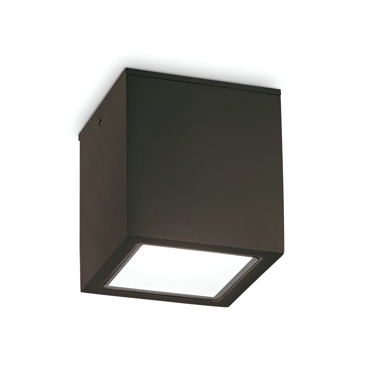Introducing the Helixis Outdoor Small Downlight - Black, a contemporary square ceiling light crafted from die-cast aluminum, featuring a frosted glass panel that emits white light. With an IP54 rating, this fixture is ideal for both indoor and outdoor use. Its minimalist design pairs perfectly with a white ceiling.