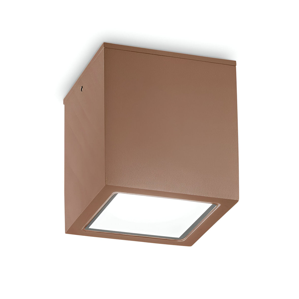 The Helixis Outdoor Large Downlight - Brown is a ceiling-mounted, square light fixture with a frosted transparent tempered glass diffuser. Its minimalist design features smooth surfaces and sharp edges, crafted from powder-coated die-cast aluminium for a sleek, modern look.