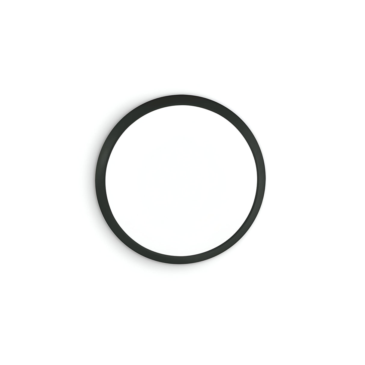 A round white disc featuring a black border, akin to minimalist wall decor or an abstract art installation, closely resembles the Mono LED Flush Ceiling Light 12W 3000W - Black, with a diameter of 29cm, displayed against a plain white background.