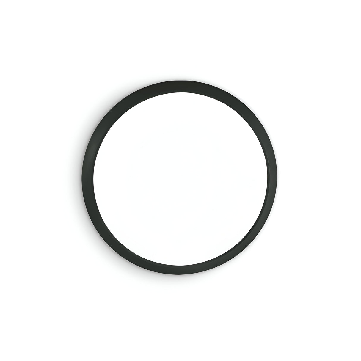 A sleek, contemporary round mirror featuring a black frame and simple white reflective surface, supported by a sturdy plastic base.