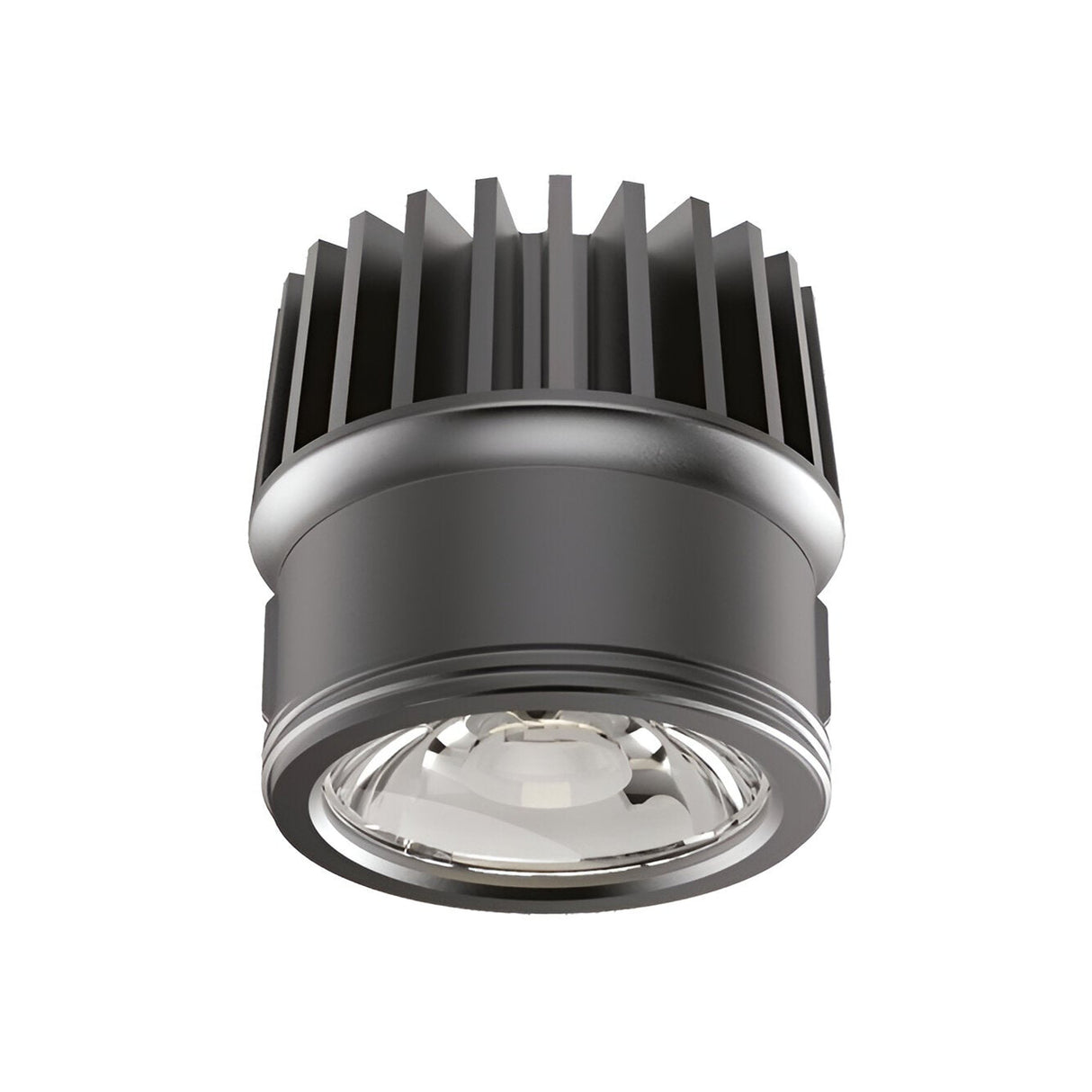 The Lumos Outdoor LED Recessed Downlight - 9W, 3000K, Black showcases a ribbed cylindrical heat sink and a clear lens in a close-up view. Its sleek, modern design is enhanced by an IP54 rating, making it an excellent choice for focused outdoor lighting. Suitable as an outdoor LED downlight with warm illumination at 3000K.