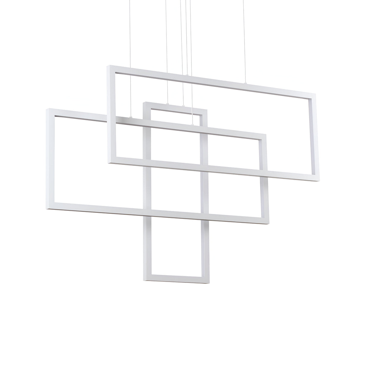 The Prios Rectangle LED Light Suspension 93W 3000K features a sleek white finish with three overlapping rectangular frames. Its modern, minimalist design offers contemporary lighting, suspended by thin wires against a plain white background.