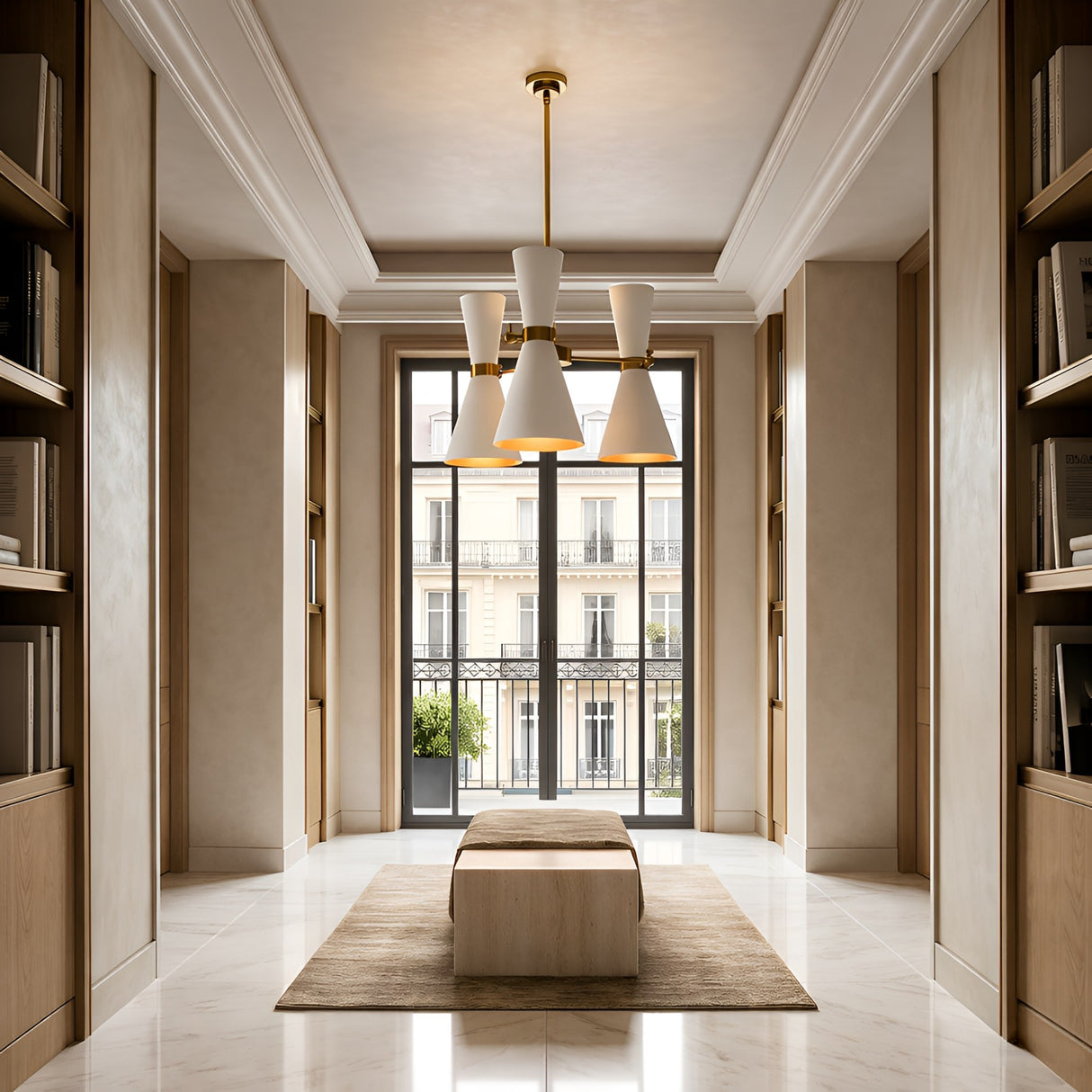 A modern hallway with marble floors, built-in wooden shelves, a large window with city views, a beige bench on a rug, and the Ramses 3 Light Chandelier - White overhead.