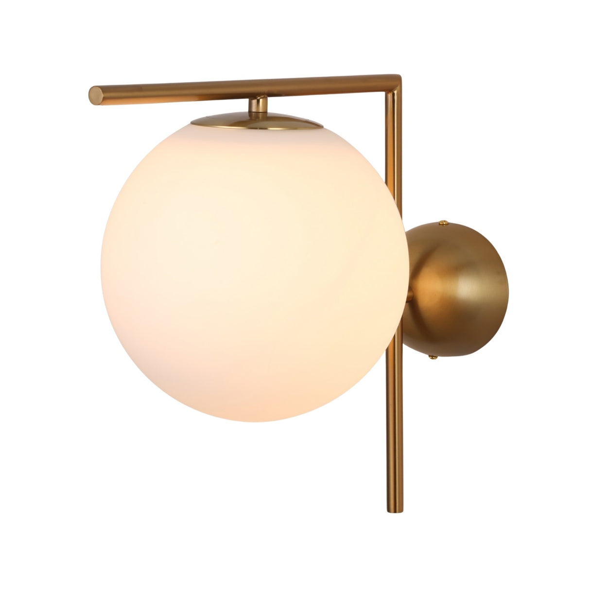 The Vetra 1 Light Opal Glass Wall/Semi-Flush Ceiling Light in Gold features a round opal glass globe and a sleek gold fixture with vertical and horizontal bar accents.