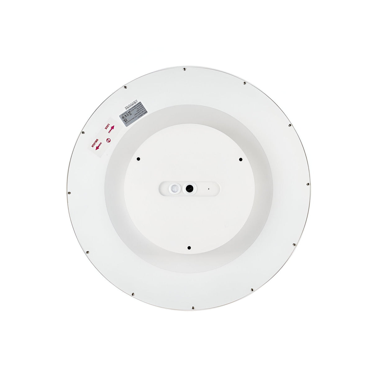 The Spark LED Flush Light 26W 3000K - White, 45cm is a circular fixture featuring a central sensor and multiple screws around the edge. Small labels indicate its purpose, making this energy-efficient light a seamless blend of modern lighting with potential monitoring capabilities.