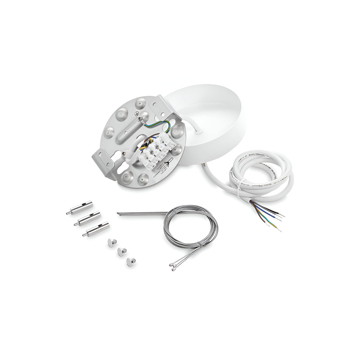Image of the Ceiling Light Installation Kit With Mounting Plate And Wiring - White, showcasing a round LED panel, durable metal mounting plate, wire connectors, cables, screws, and bracket all laid out neatly on a white background.