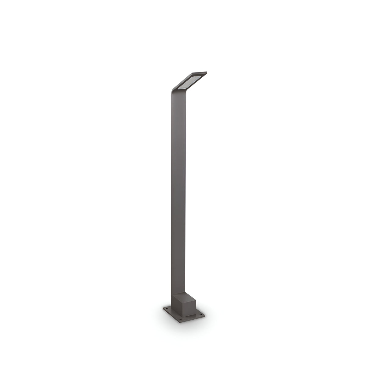 Introducing the Clarixa Outdoor LED Bollard Light, a sleek and modern lighting solution known for its minimalist design. Featuring a tall stand in a sophisticated grey finish, this weather-resistant lamp boasts an 80cm height and includes an angular rectangular light box at the top for energy-efficient illumination. It stands firmly on a square base against a white background, providing both functionality and style to any outdoor space.