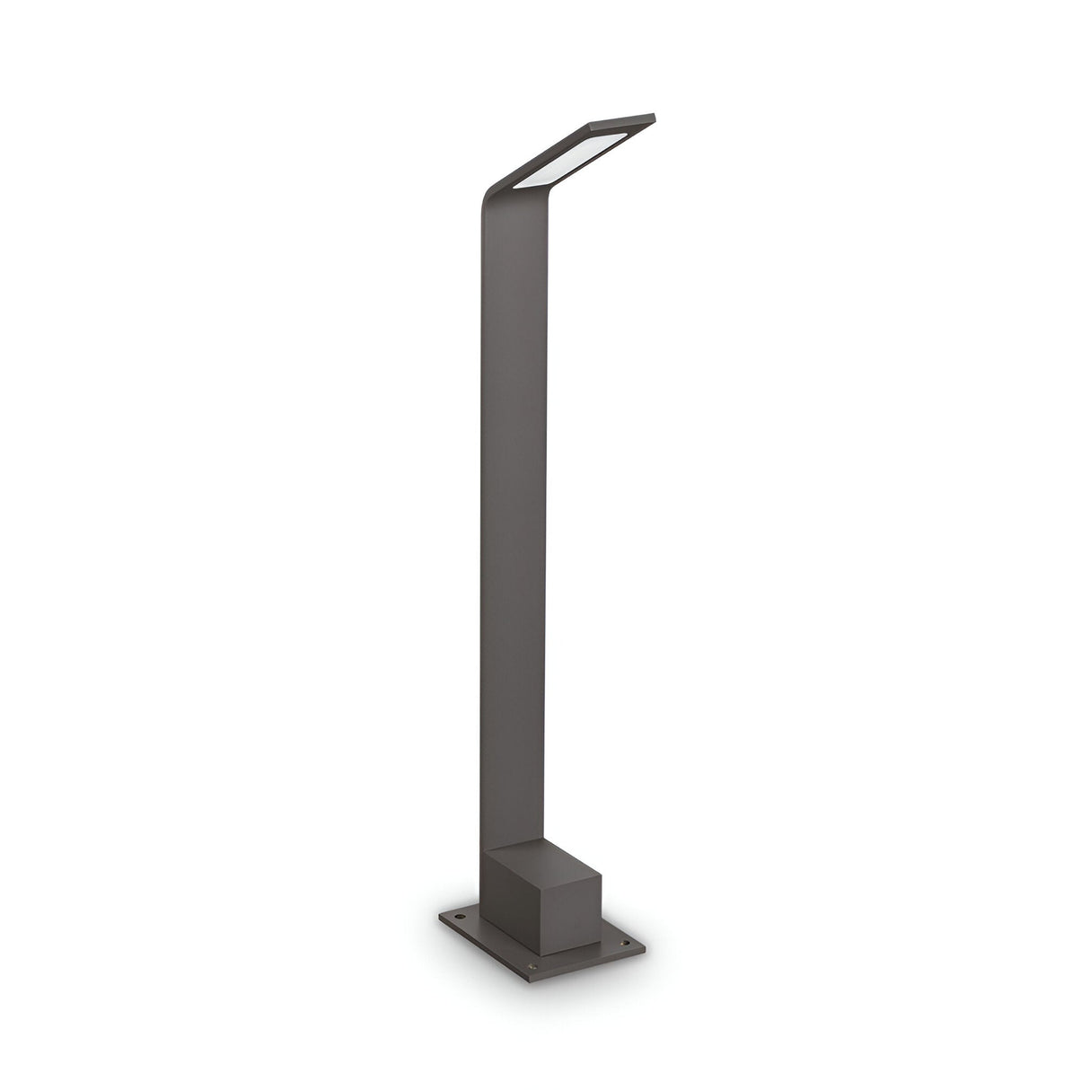 The Clarixa Outdoor LED Bollard Light features a sleek, angular aluminium design in grey, stands 60cm tall, emits warm 3000K light, and is energy-efficient with a square base against a plain white background.