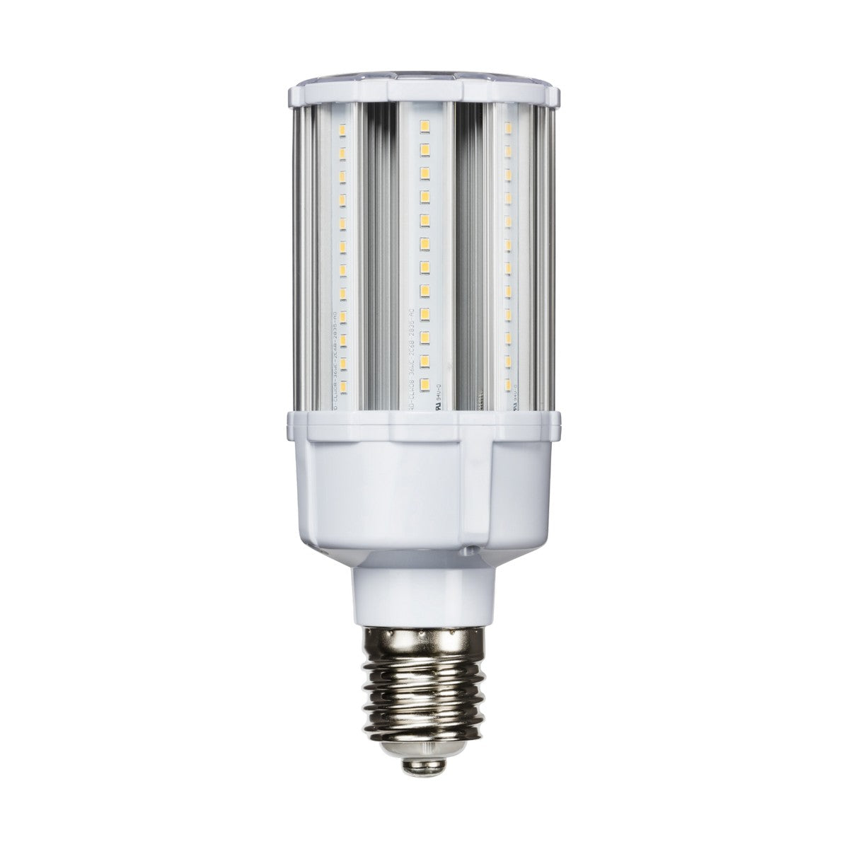 The 36W LED E40 Corn Lamp - 4000K boasts a cylindrical design with multiple rows of visible LED chips and a metallic screw base. Its white plastic housing ensures light distribution across 360 degrees, making it an energy-efficient choice for versatile lighting applications.