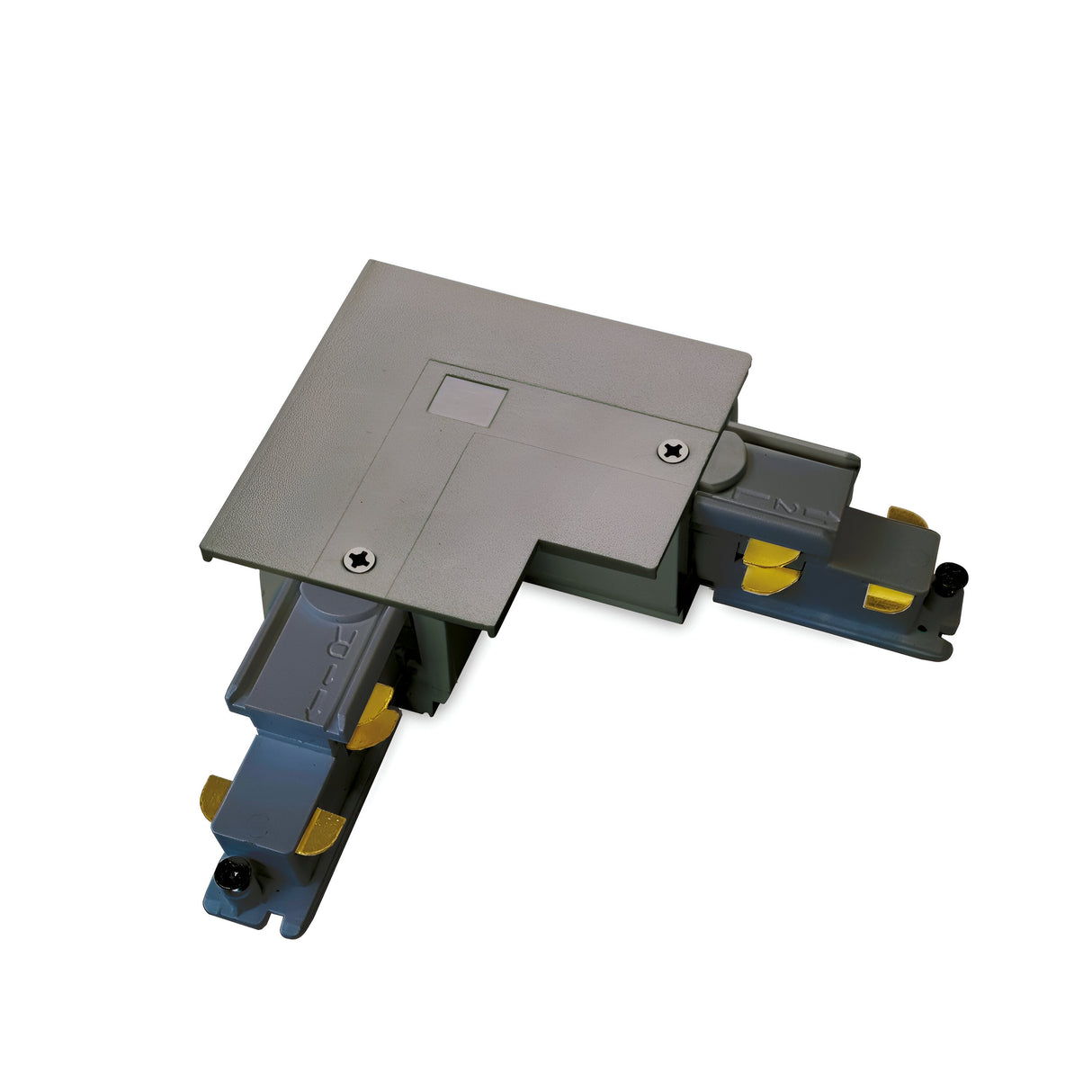 The Brillia 3-Phase L-Connector Track Left - Dimmable, in a sleek black and gray finish with striking yellow accents and detailed screws, effectively links track lighting sections with its two attachment points. This sophisticated L-shaped connector is beautifully showcased against a plain white background.