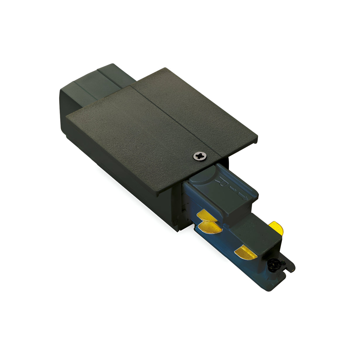 A Brillia 3-Phase Trim Track Power Input in black is shown extended on a white background, featuring gold-colored electrical contacts and a screw on top. Designed for track lighting systems, it offers dimmable functionality from 1-10V to suit various lighting needs.