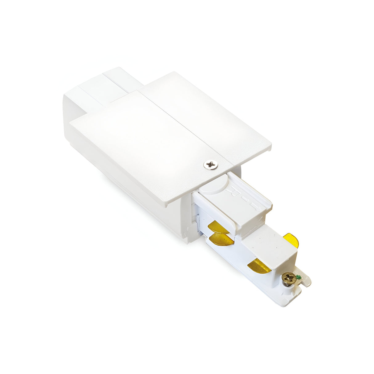 The Brillia 3-Phase Trim Track End-Right Power Input in white is a rectangular connector for a lighting system, featuring a visible screw on top and copper contacts at one end. It has an IP20 rating and is isolated against a white background, making it compatible with dimmable features through 1-10V.