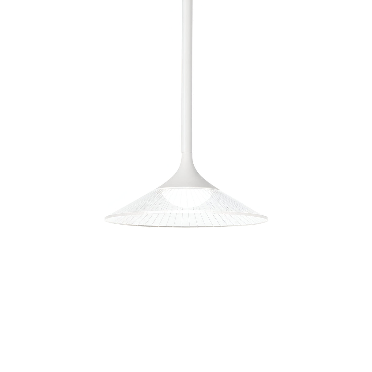 Introducing the Ray LED Light Pendant 5W 3000K in White, featuring a modern and minimalist design with a flared, conical shade. This Scandinavian-inspired lighting piece elegantly hangs from a white rod against a plain white background, embodying simplicity and sophistication.
