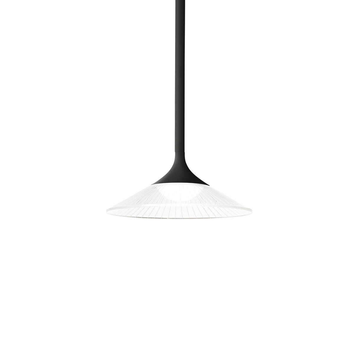 The Ray LED Light Pendant 5W 3000K in black boasts a sleek, minimalist design with a wide, white conical shade. This contemporary lighting fixture elegantly hangs from the ceiling with its modern aesthetic.