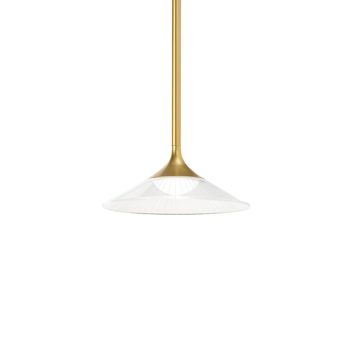 Product Description: The Ray LED Light Pendant 5W 3000K - Gold showcases a contemporary design with a golden metallic stem and an elegant finish, complemented by a wide, slightly transparent cone-shaped shade against a pristine white background.