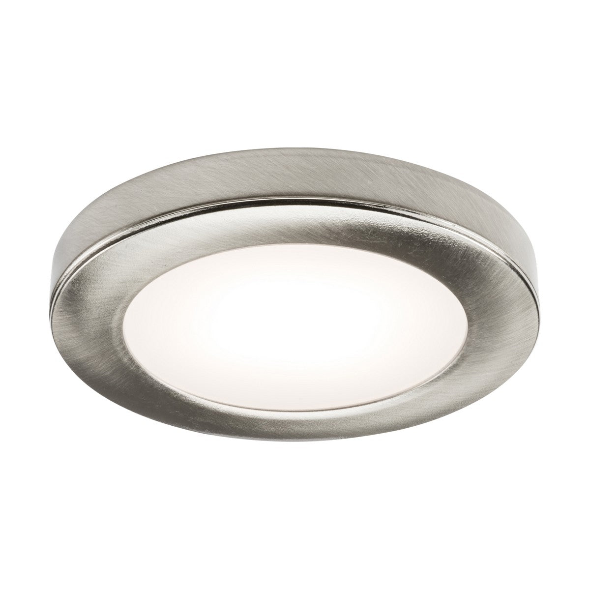 The 2.5W LED Dimmable Under Cabinet Light in brushed chrome features a sleek, contemporary design with a central white diffuser, providing warm white light at 3000K.